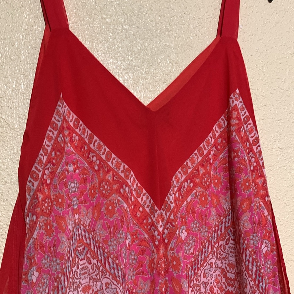 My Michelle Summer Dress XL Red Cream Floral Sleeveless Handkerchief Hem Lining - Picture 5 of 16